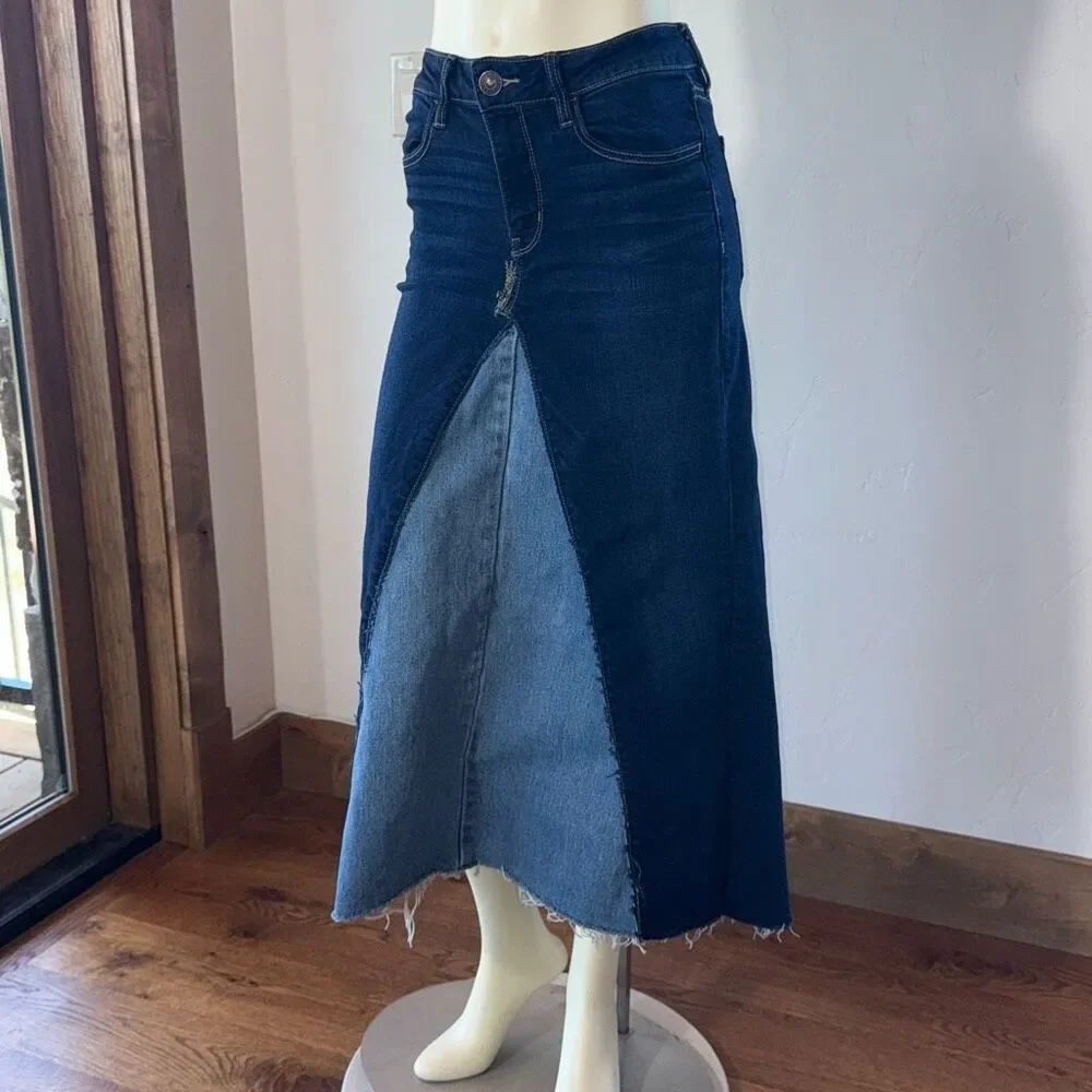 Up cycled‎ Bohemian Two Tone Blue Raw Hem Long Stretch Denim Maxi Skirt Size 6